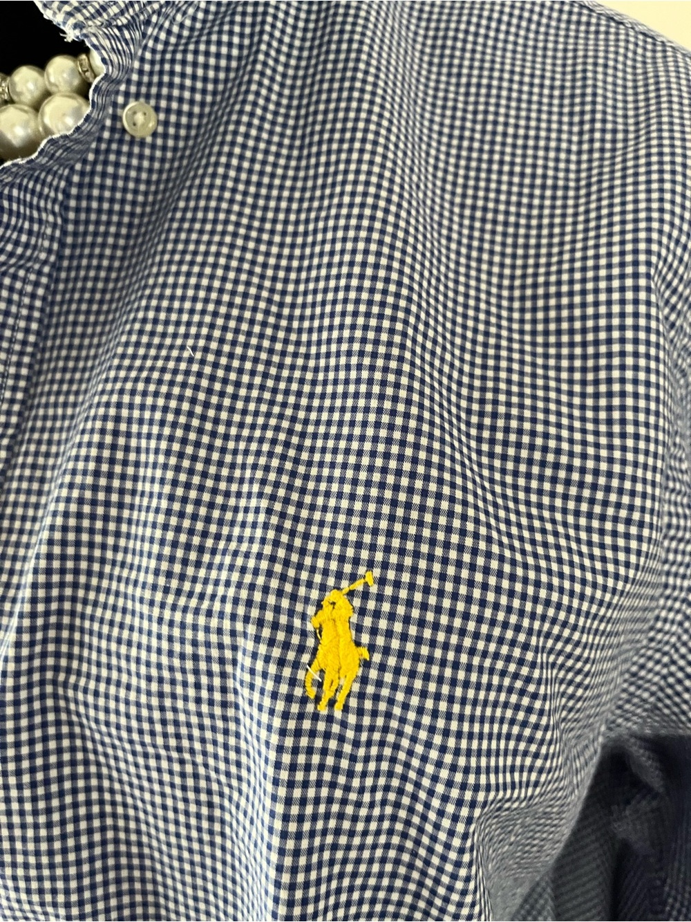 Upcycled Ralph Lauren Navy and White Micro-Check Button-Down Ruffle Collar - Picture 2 of 6
